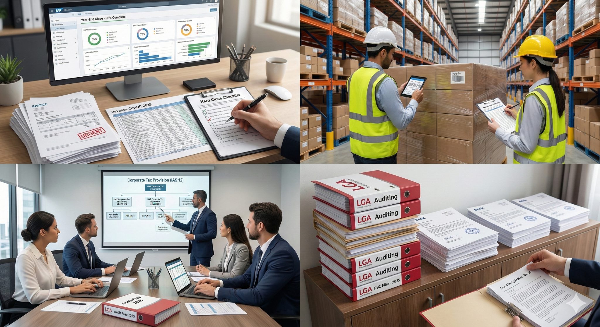 Year-End Closing Checklist UAE, hard close procedure, audit preparation UAE, closing entries Dubai, corporate tax provision UAE.