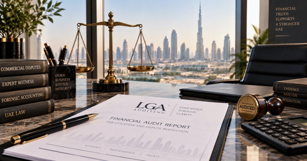Professional judicial expert accounting report and legal balance scales for commercial litigation in Dubai Courts.