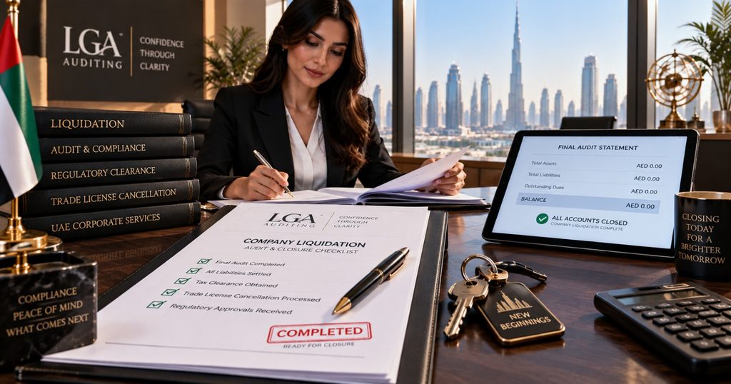 Certified company liquidation audit dubai report with official UAE trade license cancellation files
