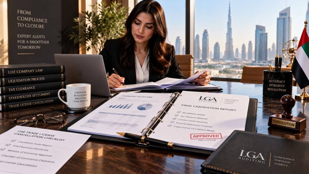 Official company liquidation audit and trade license cancellation documents in Dubai UAE
