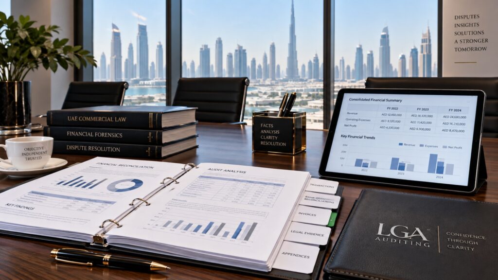 Accredited financial experts in UAE court examining disputed corporate ledgers in Dubai